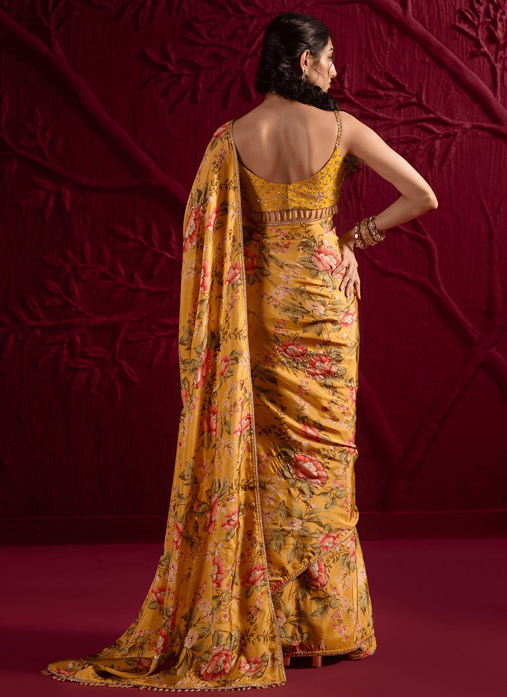 Yellow Floral Embroidered Crepe Silk Saree