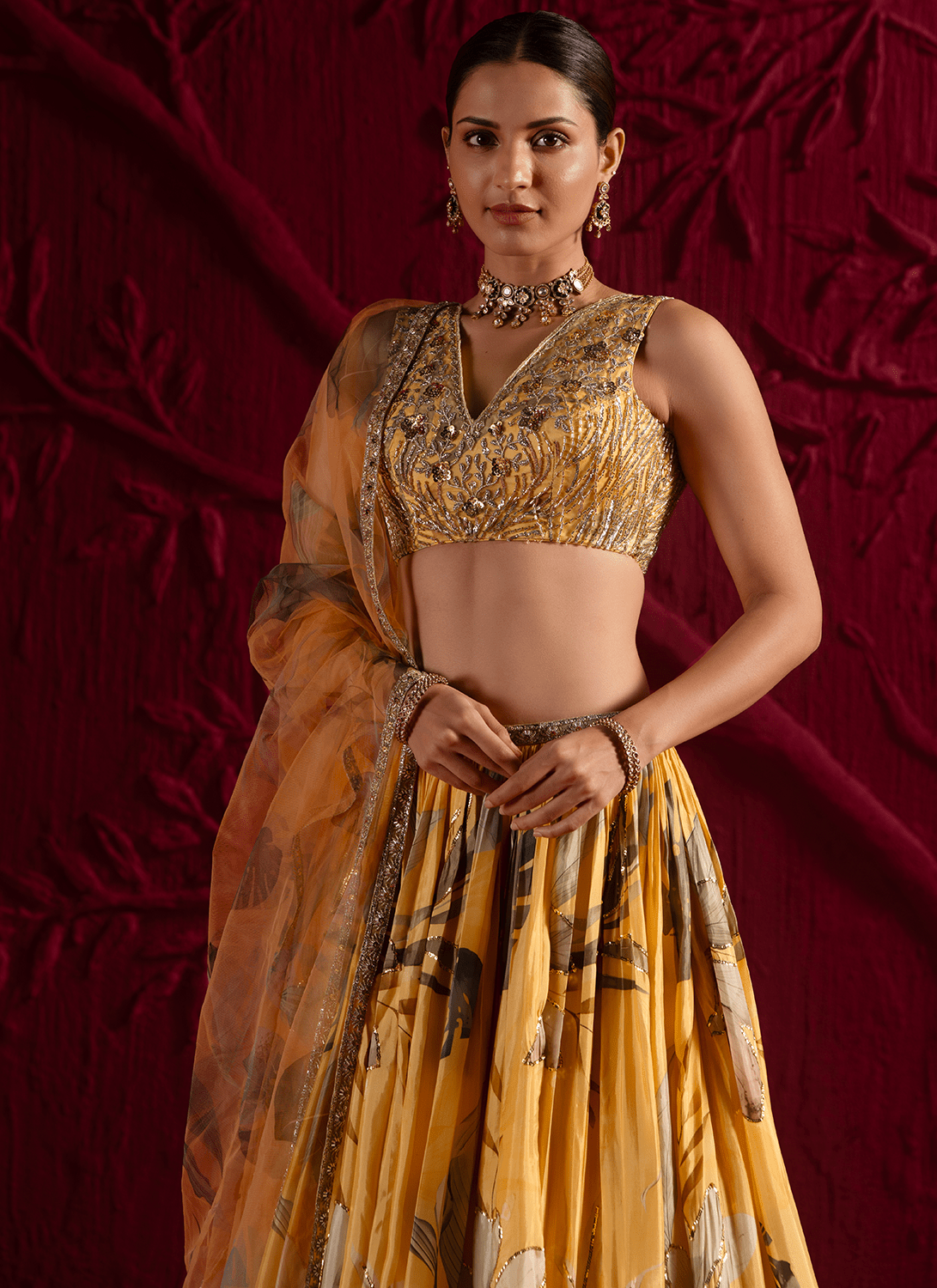 Yellow Floral Embroidered Viscose Satin Georgette Lehenga