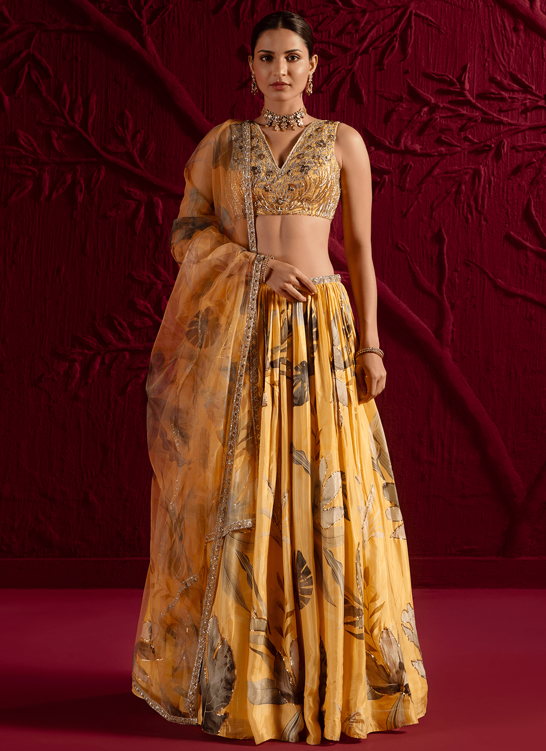 Yellow Floral Embroidered Viscose Satin Georgette Lehenga