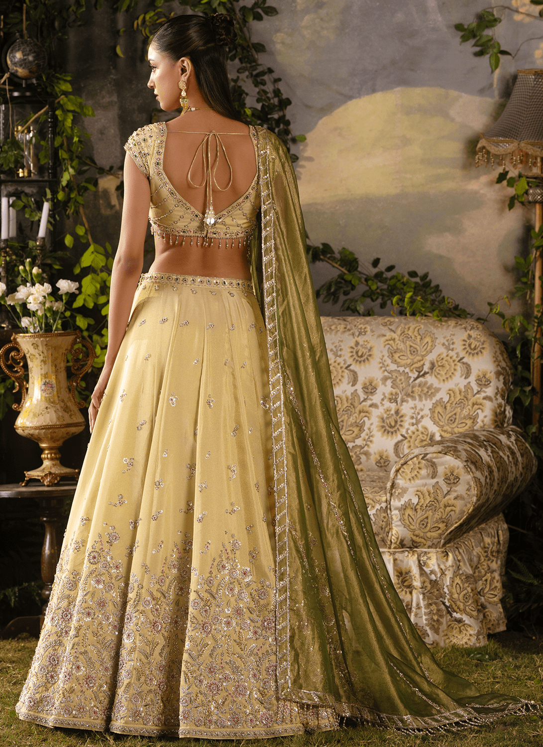 Yellow Gold Embroidered Tissue Lehenga